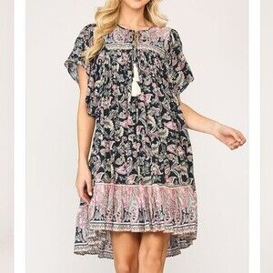 Gigio Baby Doll Paisley Print Tassels Dress Medium Blue Pink Rayon